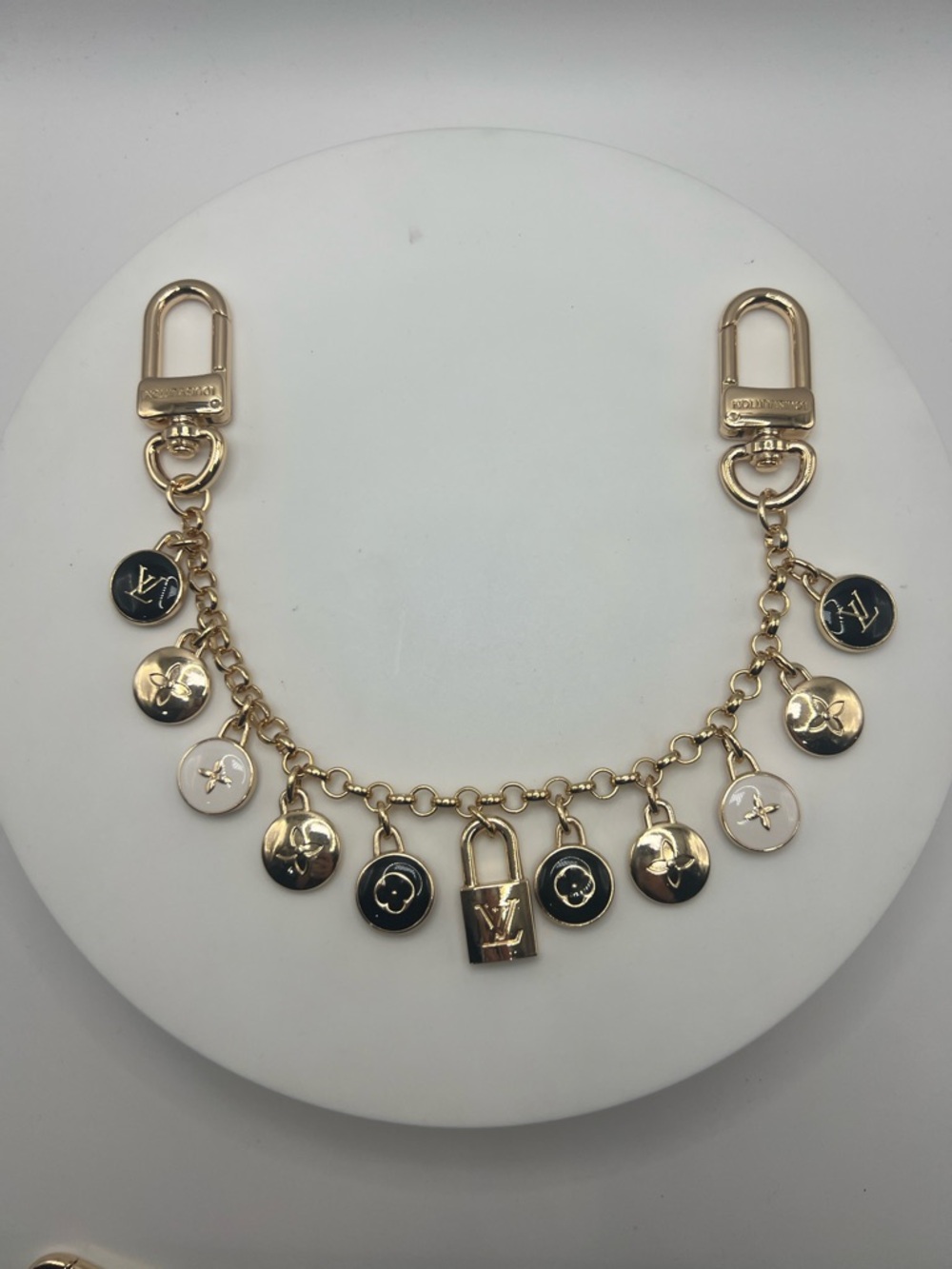 Gold Tone Bag Chain with Black & White Enamel Charms